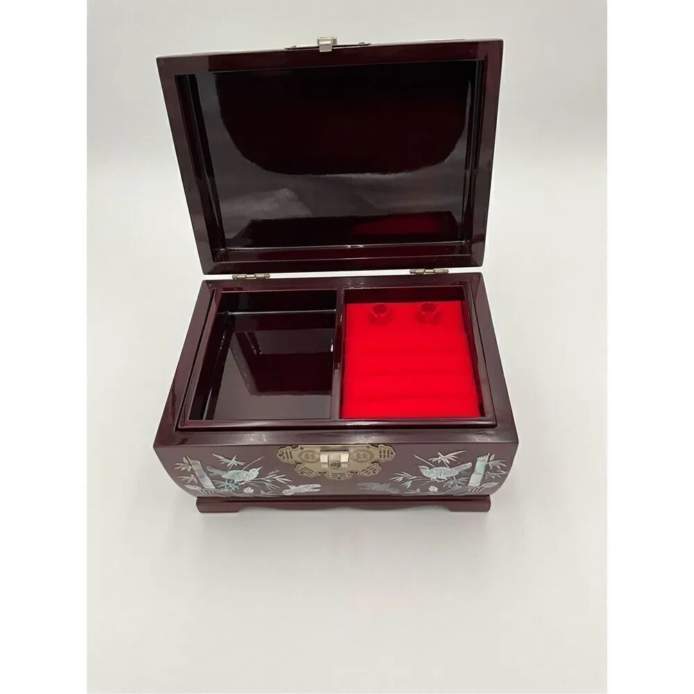 VINTAGE Mother Of Pearl Inlay Wooden Jewelry Box